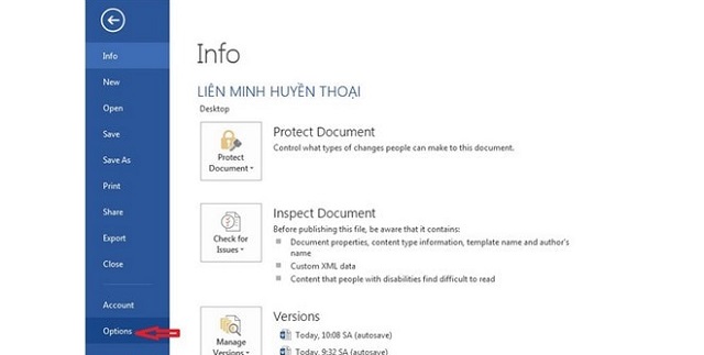 Trong Word chọn File, tiếp đến là Options
