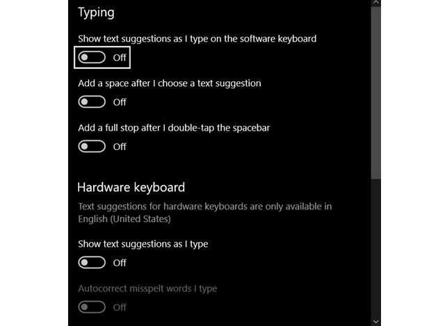 Bỏ các phần đánh dầu ON sang OFF trong mục Typing Setting