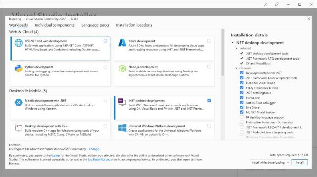 Chọn " .Net desktop development" ở phần trên và để các tùy chọn cài đặt khác